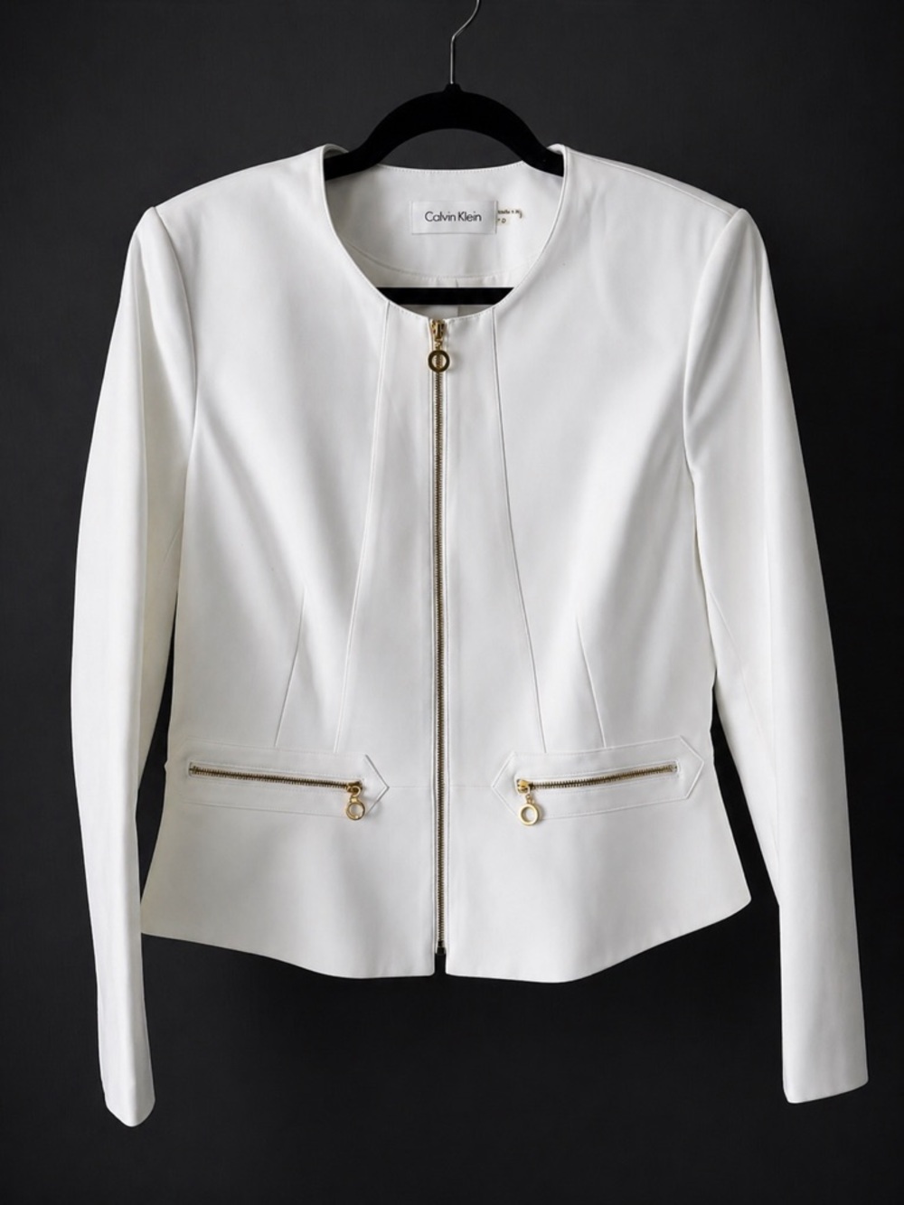 Calvin Klein White Blazer Jacket Zip Front Gold Hardware Peplum | New!